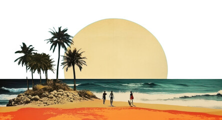 Obraz premium PNG Collage Retro dreamy beach and people surfing outdoors horizon nature.
