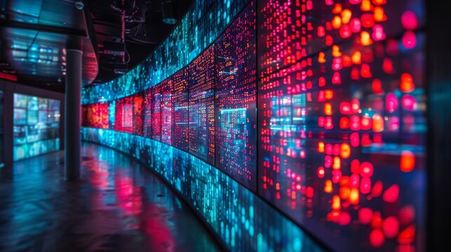 Data Monitoring:** Screens showing digital data streams and information surveillance, with binary codes and data flow visualization 