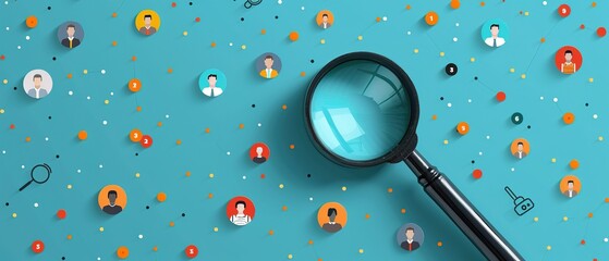 HRM or Human Resource Management, Magnifier glass focus to manager icon which is among staff icons for human development recruitment leadership 