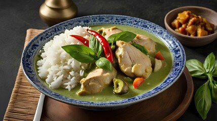 Chicken green curry in a clear glass bowl Bright green curry sauce It has a large piece of chicken, brittle eggplant, and fresh basil garnish, and is served with hot steamed rice on a side dish.
