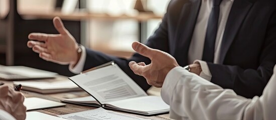 A businessman is engaged in a discussion with his colleagues over business documents in a close-up shot capturing the interaction with copy space image.