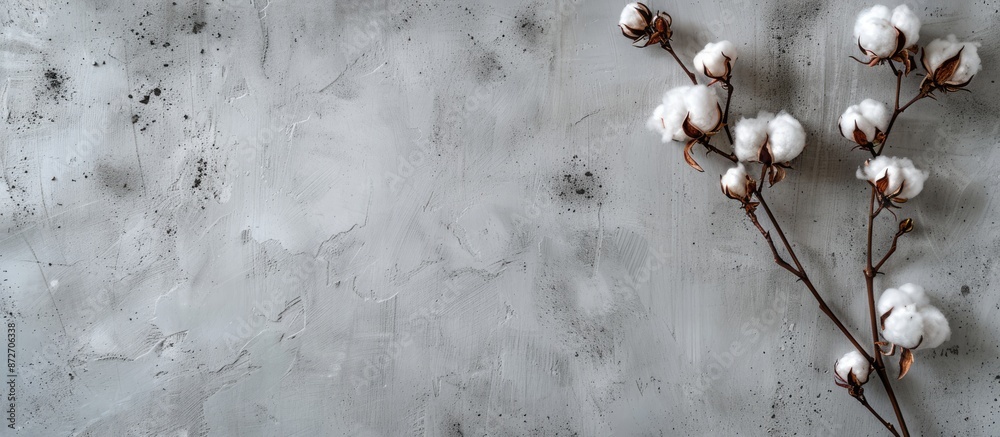Poster Overhead view of a cotton flower branch on a light gray concrete wall with room for text or other images in the top corner of the photo. with copy space image. Place for adding text or design
