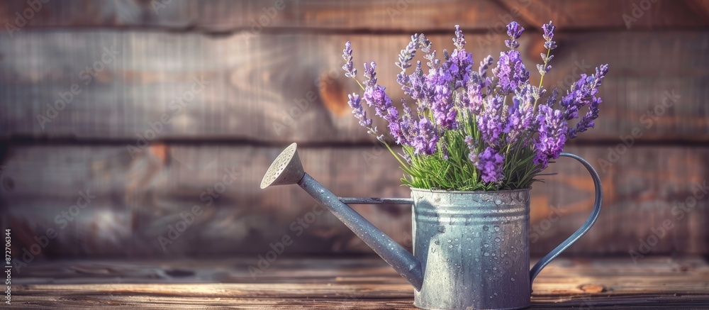 Aufkleber A watering can filled with lavender flowers displayed on a wooden surface, providing ample space for additional content in the image.