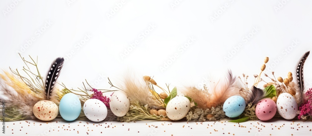 Aufkleber Easter-themed border featuring a variety of eggs and feathers arranged on a white backdrop, creating a whimsical display with a copy space image.