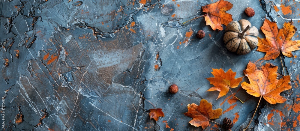 Aufkleber autumn-themed decor with leaves and pumpkin on a stone backdrop. top view in a flat lay style, showc