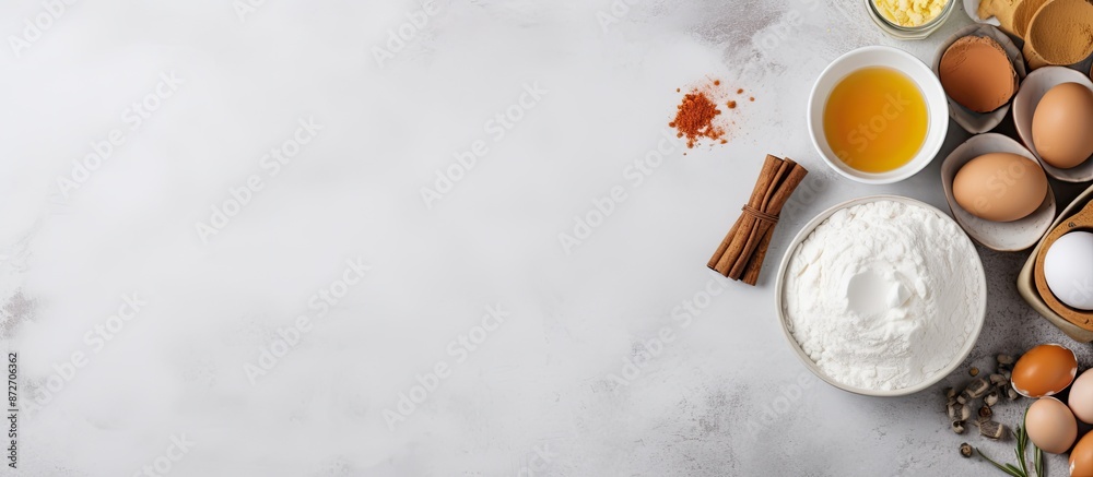 Aufkleber a variety of baking ingredients like flour, eggs, sugar, butter, milk, and spices arranged on a gray