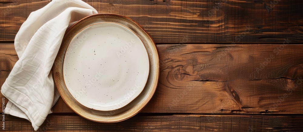 Leinwandbilder top view image of an empty plate and linen napkin set on a brown wooden background with ample copy s