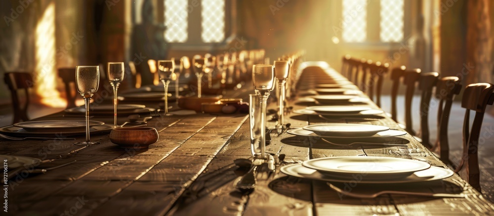 Poster Vintage room with a long table with plates and glasses before the dinner. with copy space image. Place for adding text or design