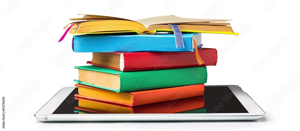 Poster Tablet computer with books isolated on white. Online library concept. Copy space image. Place for adding text or design