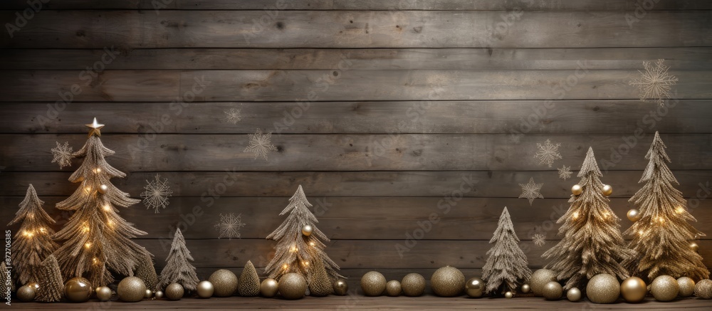 Poster Festive fir tree embellished with ornaments on a rustic wooden backdrop with copy space image