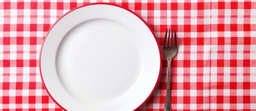Top view of a spring-themed table setting with a vibrant red tulip flower displayed on a white plate against a checkered tablecloth, with copy space image.