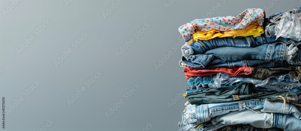 Aufkleber Stack of trendy modern clothes made from recycled plastic. Eco products and zero waste concept. Copy space image. Place for adding text or design