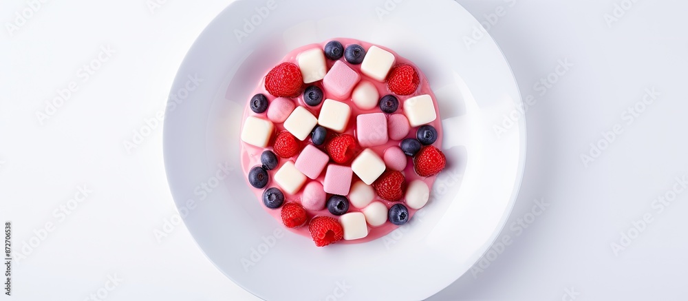 Poster Top-down view of a colorful berry dessert made of marshmallows on a white plate with ample copy space image available.