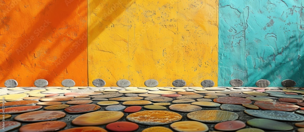 Poster Colorful floor and wall with circle shape stones. with copy space image. Place for adding text or design