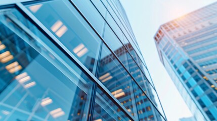 A detailed shot of a frosted glass wall in a modern office building, nestled within a dynamic business district. The glass, combined with the abstract blue-hued windows, creates a hazy and refined