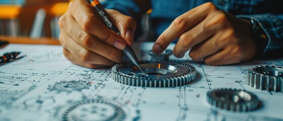 Close-up of a mechanical engineer's hand drafting a complex gear system, technical drawings in the background