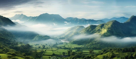 Mountain landscape filled with mist in the morning offers a warm greeting to travelers with a foggy and cloudy tropical backdrop, featuring copy space image.