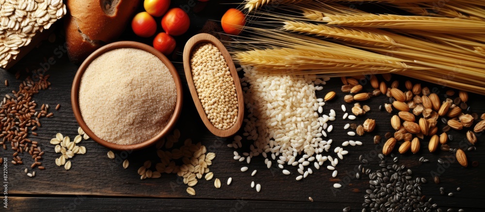 Aufkleber Image with various gluten-free grains and carbohydrates for those with gluten intolerance, with space for text. with copy space image. Place for adding text or design