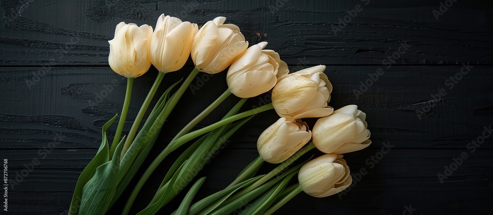 Poster Top-down view of a bunch of beige tulips displayed on a black wooden surface with space for text or images. with copy space image. Place for adding text or design