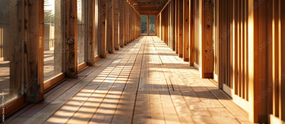 Poster Shade and shadow of sunlight on wooden corridors. with copy space image. Place for adding text or design