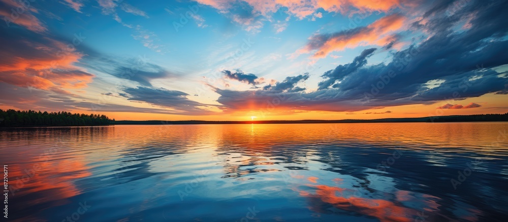 Poster beautiful sunset at the lake with trees and clouds reflecting off the glassy water surface, under a 