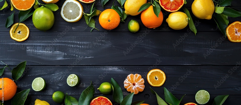 Poster various fresh citrus fruits like lemons, oranges, tangerines, and limes neatly arranged on a black w