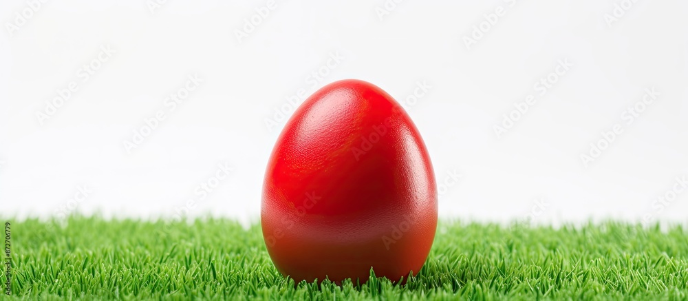 Poster A red Easter egg is placed on vibrant green artificial grass against a white background with room for text or an image. with copy space image. Place for adding text or design