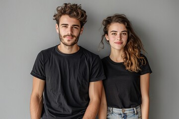 Fototapeta premium A couple in black tees on a grey backdrop captured in a photo montage.