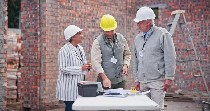 Construction site, team and talk at table with plan, brainstorming and discussion for property development. Woman, men and engineer on worksite for project management, explaining and architect design