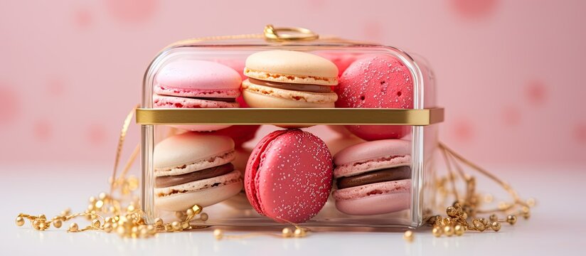 Valentine's Day dessert with fancy pink French macarons in a luxurious gold and glass box, perfect for a copy space image.