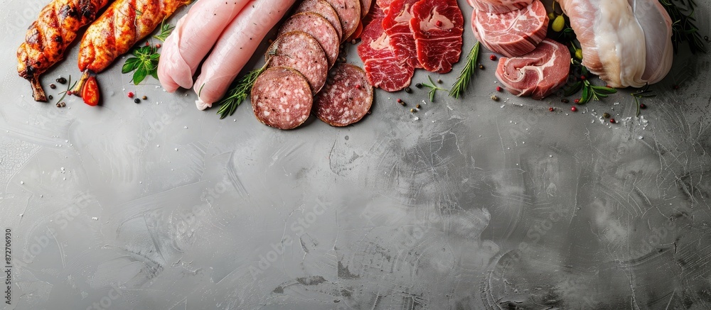 Poster Various uncooked meats displayed on a gray surface, creating a panoramic banner with room for a copy space image.