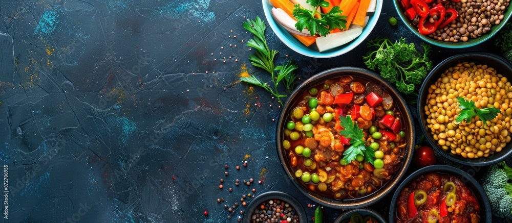 Poster menu dishes featuring boiled lentils with vegetables, displayed from a top view with ample free copy