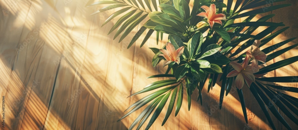 Fototapete hamedorea flower stand on wooden floor in sunlight with shadow from leaves. green palm tree branches