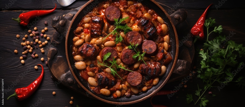 Poster top view of a traditional fabada asturiana dish featuring beans with chorizo and blood sausage on a 