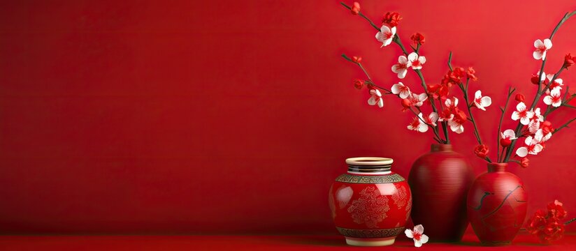 Festive Chinese New Year decorations on red background symbolize wealth, prosperity, and luck with Chinese characters in copy space image.
