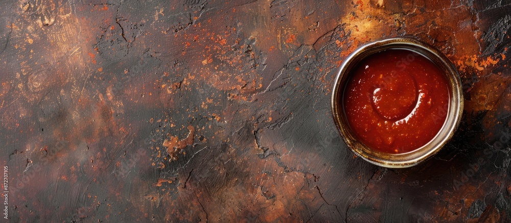 Aufkleber A ceramic bowl of traditional Georgian adjika sauce on a rustic background with empty space for other elements in the image. with copy space image. Place for adding text or design