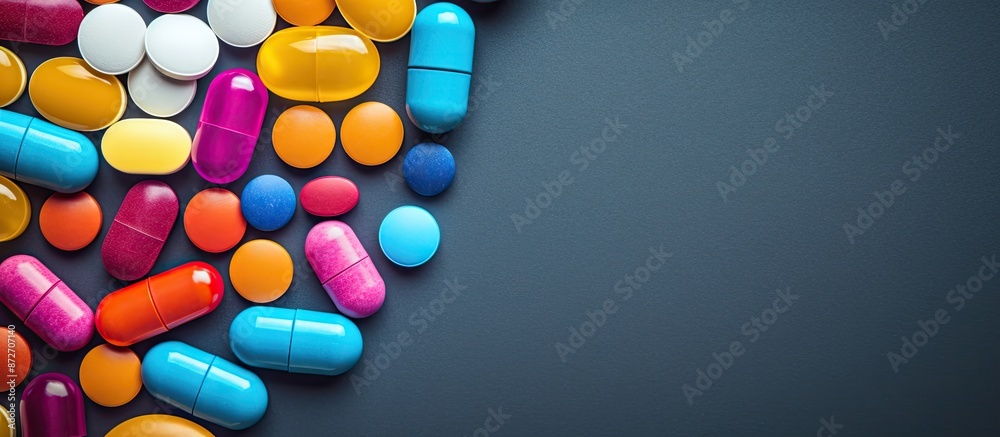 Poster colorful pills arranged in a closeup on a gray surface, with ample copy space image.