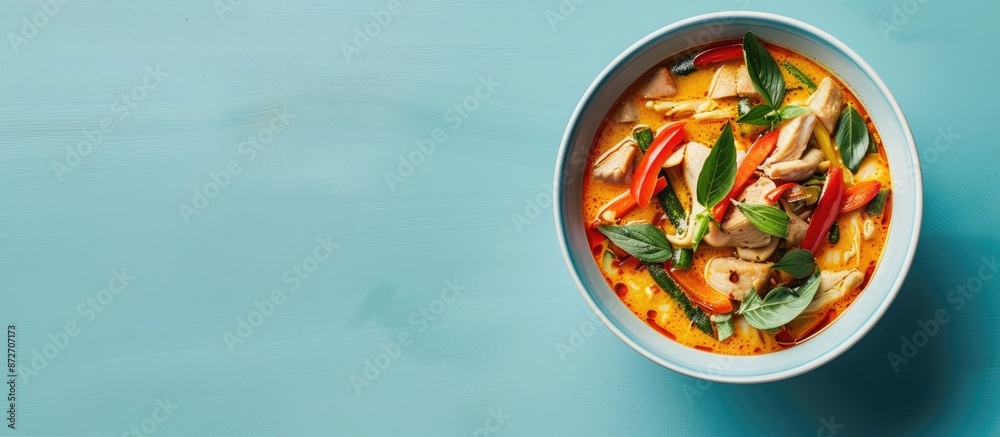 Poster blue background displays a white bowl of panaeng curry with pork, creating a vibrant copy space imag
