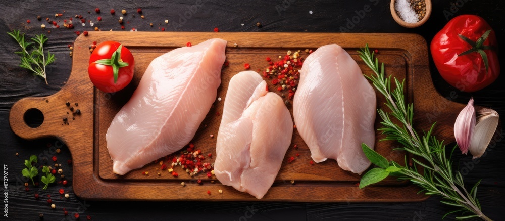 Leinwandbilder fresh raw chicken fillet with herbs and spices on a cutting board creating a food background, displa