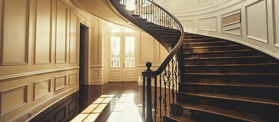 Elegant, curved staircase in an upscale home. with copy space image. Place for adding text or design