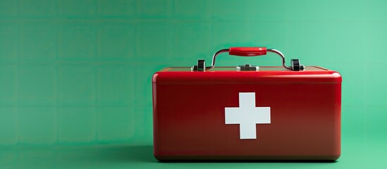 Fototapeta premium Concept of a first aid kit set against a green background with copy space image.