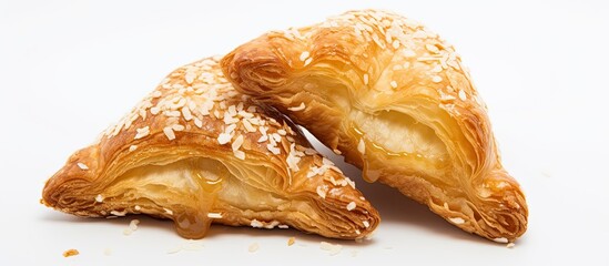 Cheese-filled Bourekas, a traditional Israeli pastry, displayed on a white background featuring a clear area for additional text or imagery, known as copy space image.