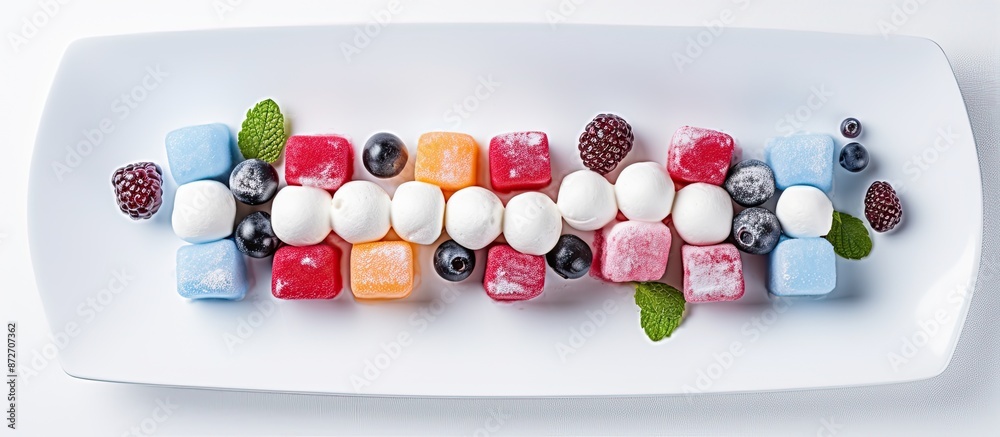 Poster Top-down view of a colorful berry dessert made of marshmallows on a white plate with ample copy space image available.
