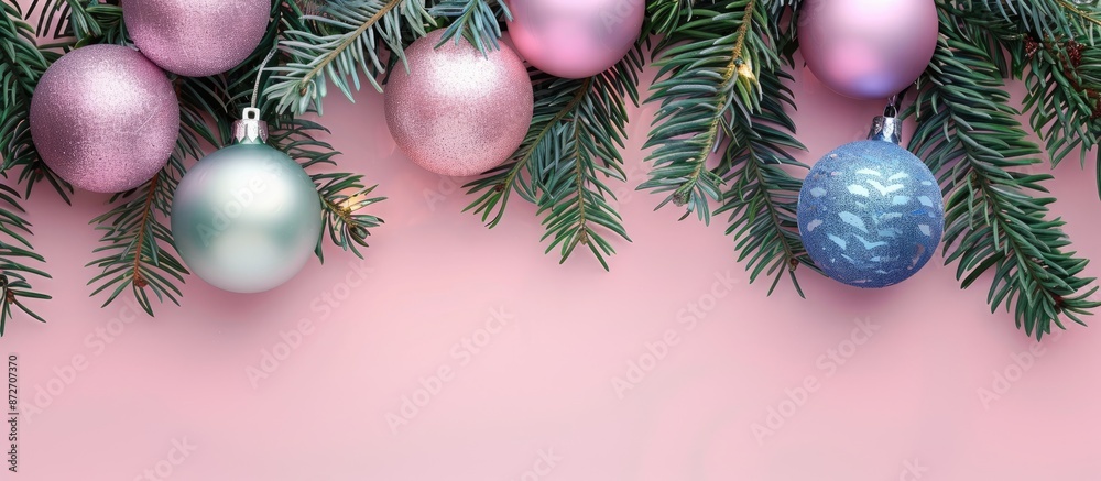 Poster Christmas balls pastel background Tree  Christmas  Branch. with copy space image. Place for adding text or design