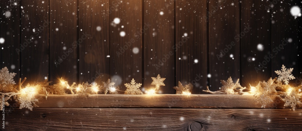 Poster Wooden background with falling snow creating a Christmas setting for a copy space image.