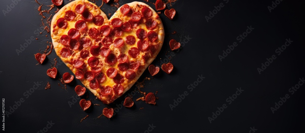 Aufkleber Valentine's Day heart-shaped pepperoni pizza on black background from top view with space for text. with copy space image. Place for adding text or design