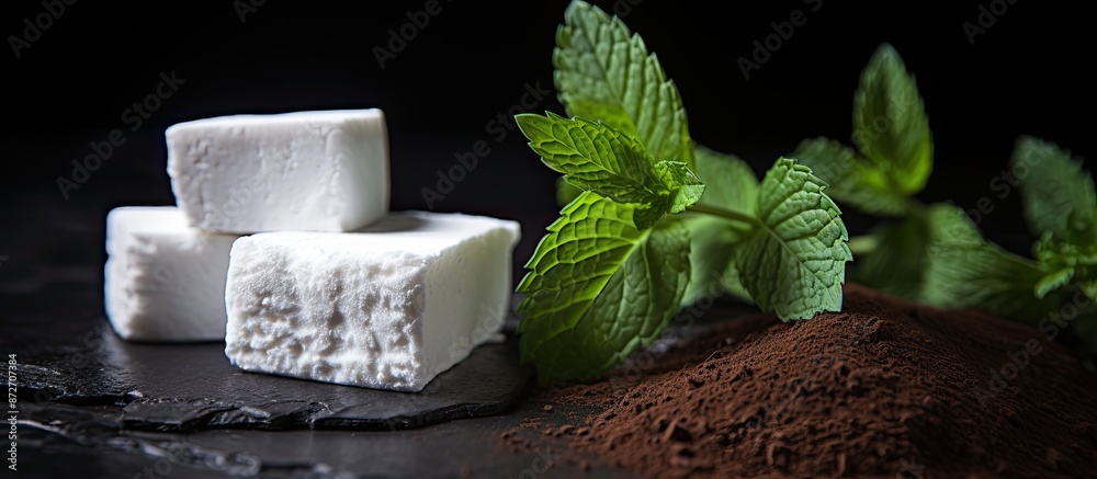 Aufkleber A white marshmallow coated in chocolate with a mint leaf placed on a dark backdrop providing ample copy space image.