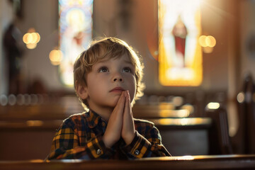 Little boy praying to god in church