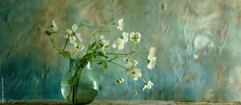 Poster still life with silene vulgaris flowers (bladder campion or maidenstears) in the small glass vase. s