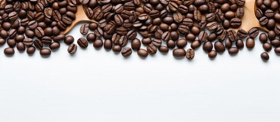 Obraz premium Coffee beans arranged in a circle with a scoop on a white wooden surface, providing a clear center for a copy space image.